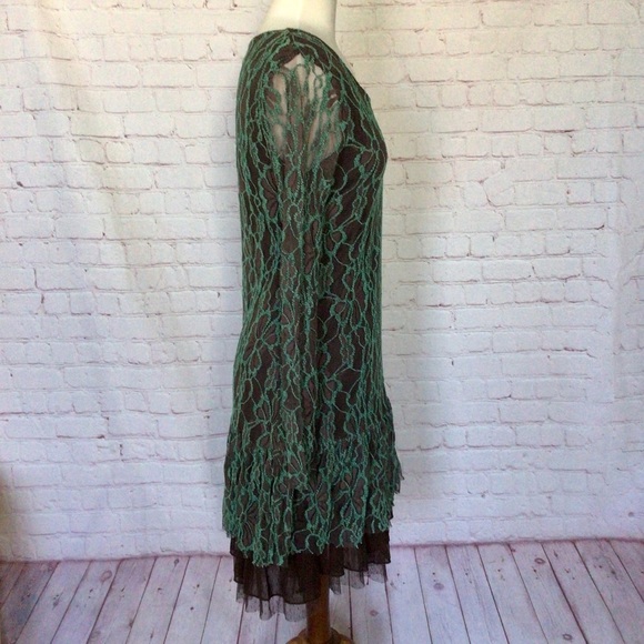 A’Reve Mint and Brown Floral Lace Tulle Long Sleeve Dress - Size Medium - Picture 3 of 9